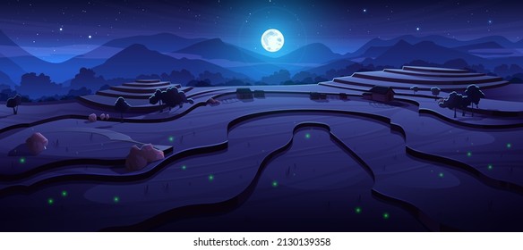 Night rice field terraces at asian mountains landscape with paddy plantation cascades, chinese agricultural farm under dark starry sky with full moon and glowing fireflies, Cartoon vector illustration