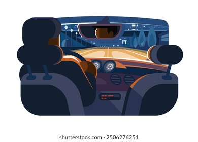 Night Ride Car Illustration. Vector illustration depicting night time drive from perspective of cars interior.