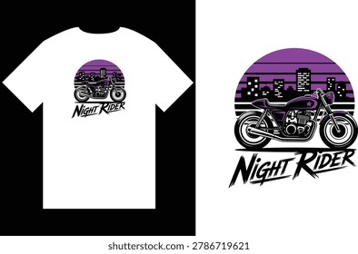 Night Rider Typography Vector T Shirt Design with Vintage Cafe Racer Motorcycle and Red Lined Retro Sunset City Skyline