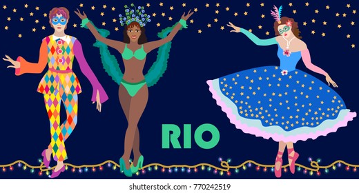 Night Rio carnival party. Template for posters, banners, tickets, cards, invitations. Young Brazilian dancer, harlequin and girl in the mask.