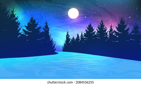 Night river and forest landscape with moonlight. Vector illustration. Flat style. Dark sky with stars. Natural silhouettes trees. Wallpaper poster, banner, backdrop.	