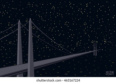 Night River Landscape. The Bridge to the Other Shore. Poster in a Flat Style. Vector Illustration