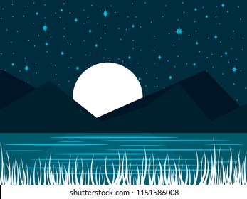 Night river landscape with a full moon. Midnight lake with moonlight. Vector illustration