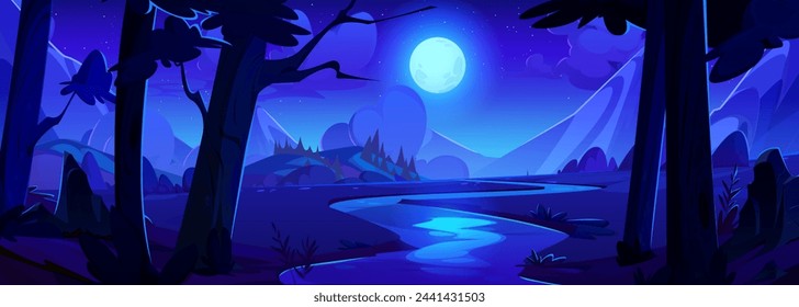 Night river in mountain valley. Vector cartoon illustration of beautiful dark scenery, forest trees on hills, full moon reflection on water surface, stars glowing in midnight sky, travel background