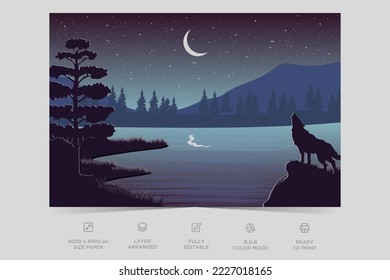 Night river view landscape design nature scene flat design background template vector illustration