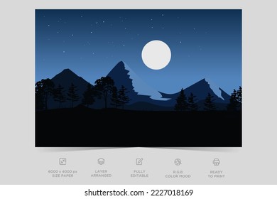 Night river view landscape design nature scene flat design background template vector illustration