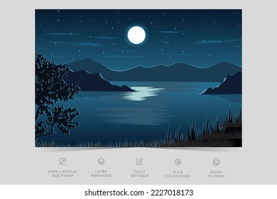 Night river view landscape design nature scene flat design background template vector illustration