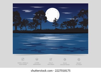 Night river view landscape design nature scene flat design background template vector illustration