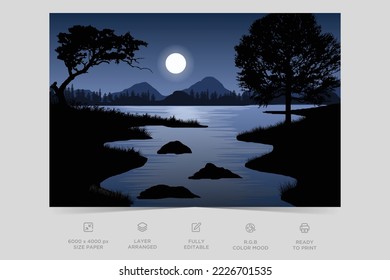 Diseño paisajístico con vistas al río nocturno. Diseño de fondo de ilustración plana