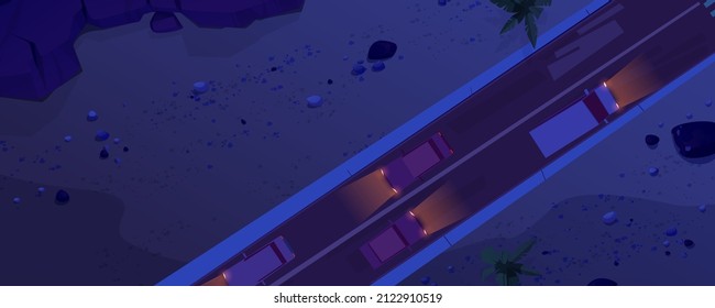Night road with cars top view, two lane asphalted highway in desert with palm trees, rocks and sand. Cartoon overhead background with moving automobiles with glowing headlights, Vector illustration