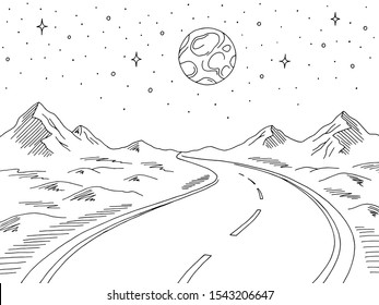 Night Road Graphic Black White Landscape Sketch Illustration Vector