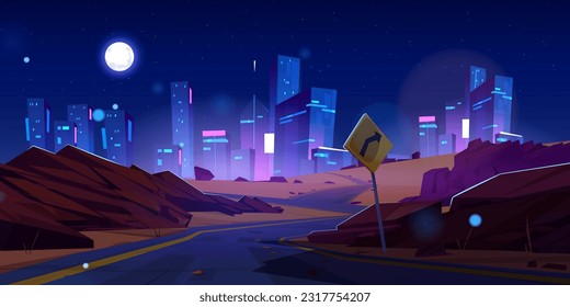 Carretera nocturna a la ciudad neón construyendo un fondo vector futurista. Vista de paisajes urbanos claros y autopista asfaltada, ruta vacía al rascacielos de ee.uu. Signo de velocidad moderno para el concepto de panorama de tráfico urbano.