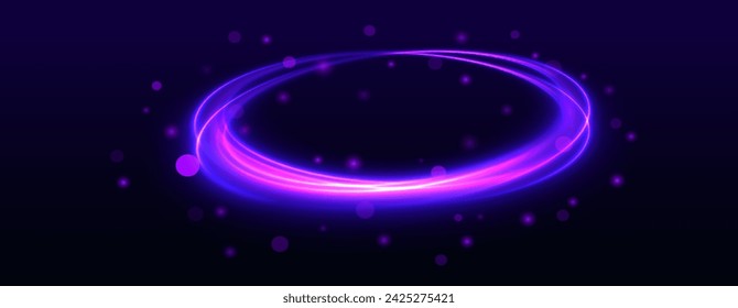 Ilustración de velocidad de carretera nocturna. Línea de neón redondeada con efecto de luz. Túnel de flujo de energía. Portal azul, plataforma.	