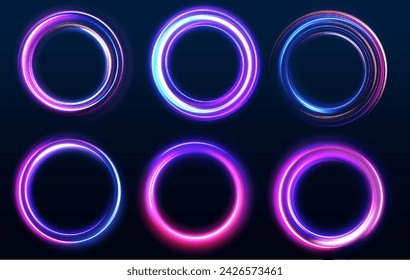 Ilustración de velocidad de carretera nocturna. Línea de neón redondeada con efecto de luz. Túnel de flujo de energía. Portal azul, plataforma.	