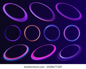 Ilustración de velocidad de carretera nocturna. Línea de neón redondeada con efecto de luz. Túnel de flujo de energía. Portal azul, plataforma.	