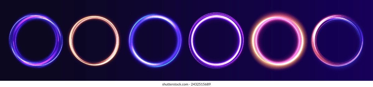 Night road speed illustration. Rounded neon line with light effect. Energy flow tunnel. Blue portal, platform.	
