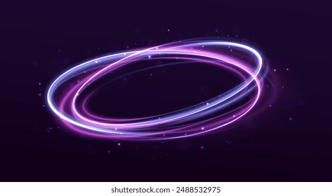 Night road speed illustration. Rounded neon line with light effect. Energy flow tunnel. Blue portal, platform.	