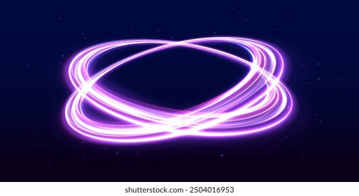 Ilustración de velocidad de carretera nocturna. Línea redondeada de neón con efecto de luz. Túnel de flujo de energía. Portal azul, plataforma.