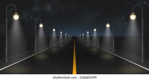 Night road with street lamps perspective view. Empty highway with glowing lanterns under dark starry sky. Megapolis infrastructure with modern illumination Realistic 3d vector illustration, background