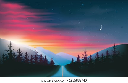 Night road through forest and mountains red and blue night sky and sunset landscape, vector illustration.