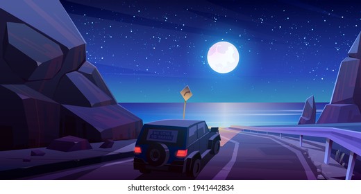 Night road trip by car, travel on jeep at highway