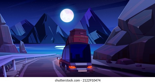 Night Road Trip By Car, Family Travel On Auto With Bags On Roof Driving At Mountains Highway With Beautiful Seaview Landscape Under Full Moon. Summer Journey To Ocean, Cartoon Vector Illustration