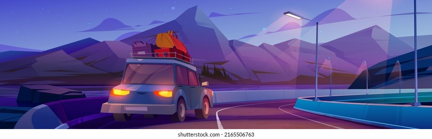 Night Road Trip By Car, Family Travel On Auto With Bags On Roof Driving At Mountains Highway With Street Lamps And Beautiful Landscape Under Dark Starry Sky. Summer Journey Cartoon Vector Illustration