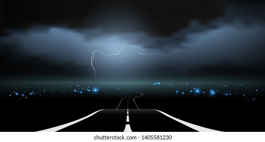 night road vector landscape with city lights in the distance