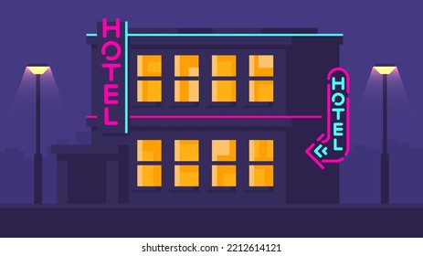 Night roadside hotel building with neon signs in retro style.