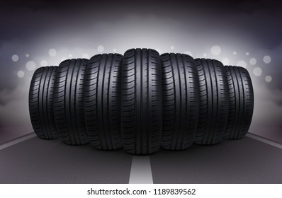 Night roadway realistic background with car tires having identical tread pattern vector illustration