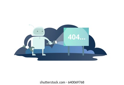 Night robot with flashlight in space signboard 404 error. cute Illustration for error page 404 not found
