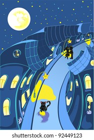 Night romantic street with loving couple. Vector illustration with night toun and kissing people