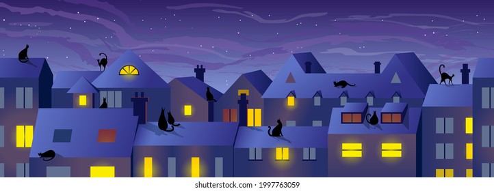 Night roofs with cats, seamless background.
