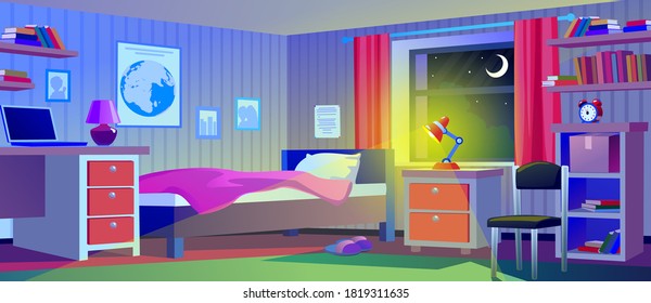 Night room interior. Lighting from a switched on table lamp. Cozy interior. Vector illustration.