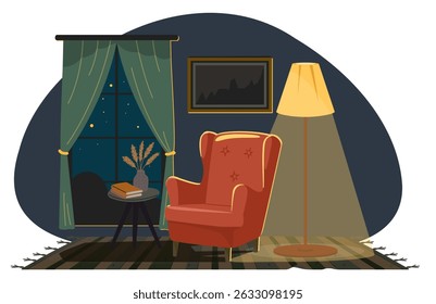 Night room interior with reading chair and floor lamp. Books on table. Window curtain and picture. Apartment furniture. Comfortable armchair and carpet. Evening dark. Cozy house. Vector background