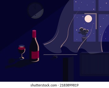 Nachtzimmer. Innenvektorgrafik. Wein, Glas und Sterne.