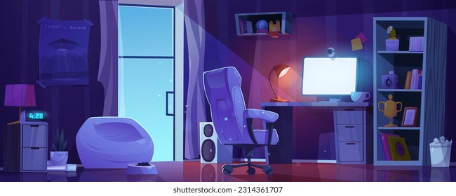 Night room vector interior with study or workplace furniture cartoon illustration. Boy teen computer desk setup with monitor and armchair. Schooler gamer workstation equipment near goblet on shelf