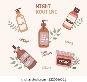 Night routine skincare steps with cleansing oil, form cleanse, toner, serum and cream. Skin care aethetic 