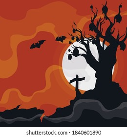Night in ruined graveyard with silhouettes of eroded cross, old dry tree and bats hanging on it.