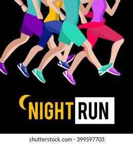 Night run event vector flat banner. Keep running. Women's half marathon. Marathon competition. Half marathon.