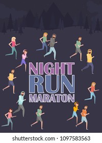 Night run marathon poster. Group active people running in the park. Editable Vector illustration in flat design
