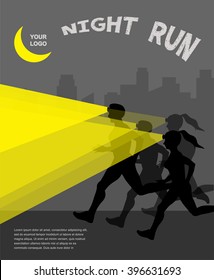 Night running marathon, people run, poster design with grey background. 