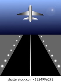 Night runway with plane illustration. Travel concept. Vector EPS10.