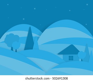 Night rural farm scenic with mountains in background. Flat style vector illustration.Eps10