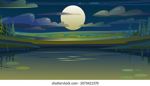 Night rural landscape. Big moon. Old pond or river bank. View of farm garden fields and hills. Flat style cartoon design. Beautiful dark suburban scene. Vector
