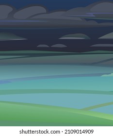 Night rural landscape. Dust View of farm garden fields and hills. Flat style cartoon design. Beautiful dark suburban scene. Vector.