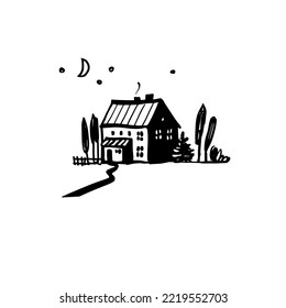 Night rural landscape with a house. Hand-drawn vector doodle illustration