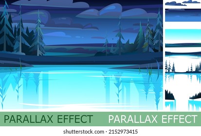 Night rural landscape with parallax effect. Water glows. Old pond or river bank. View of farm garden fields and hills. Flat style cartoon design. Beautiful dark suburban scene. Vector.