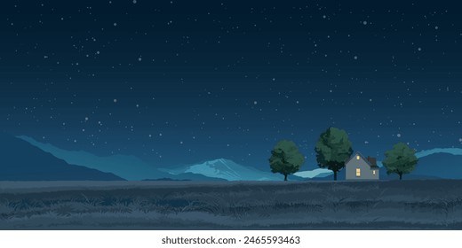 Night at rural landscape side view flat design graphic illustrated have blank space.
