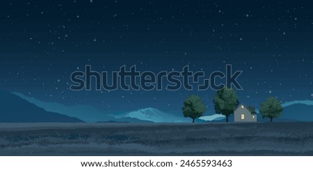 Night at rural landscape side view flat design graphic illustrated have blank space.